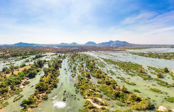 Luchtfoto Panoramische 4000 Eilanden Mekong Rivier Laos Phi Watervallen Beroemde — Stockfoto