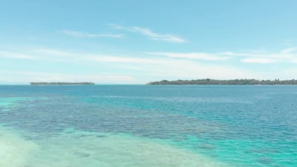 航空写真 砂漠の島熱帯ビーチ ターコイズ ブルーのカリブ海水サンゴ礁ココヤシの木の木の森の上を飛んでください インドネシア スマトラ島沖シムルエ島 シュノーケ リング ダイビング観光地 ネイティブ — ストック動画