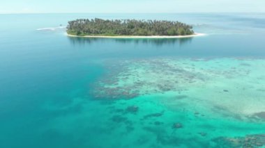 Hava: ıssız bir ada tropikal plaj Karayip Denizi, turkuaz su mercan kayalığı Hindistan cevizi hurma ağacı orman üzerinde uçan. Endonezya Sumatra Banyak Adaları. şnorkel dalış tatil ülkesi. Yerli cinelike D-günlük renk profili.