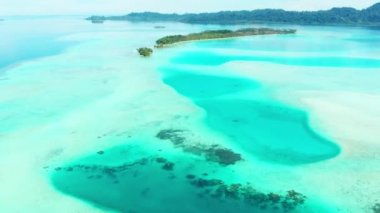 Hava: ıssız bir ada tropikal plaj Karayip Denizi, turkuaz su mercan kayalığı Hindistan cevizi hurma ağacı orman üzerinde uçan. Endonezya Sumatra Banyak Adaları. şnorkel dalış turizm.