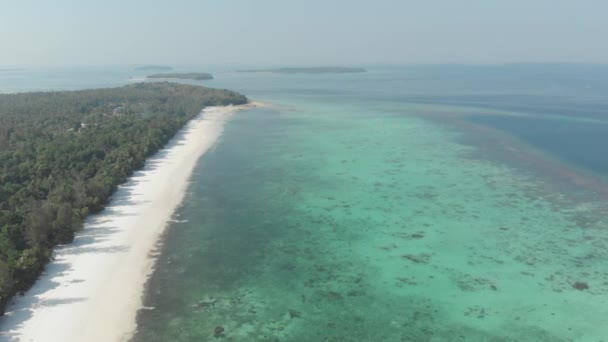 飞越沙漠海滩白色海滩热带加勒比海绿松石蓝色的水 印尼基岛 摩鹿加群岛 旅游目的地潜水浮潜 原生电影型 日志颜色配置文件 — 图库视频影像