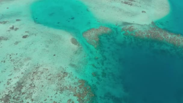 航空写真 サンゴ礁熱帯のカリブ海のターコイズの青い水の上を飛んでください インドネシア スマトラ島沖シムルエ島 トップ旅行観光目的地最高のダイビング スノーケリングします ネイティブ Cinelike カラー プロファイル — ストック動画