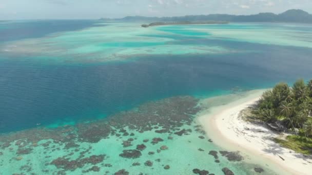 航空写真 サンゴ礁熱帯のカリブ海のターコイズの青い水の上を飛んでください インドネシア スマトラ島沖シムルエ島 トップ旅行観光目的地最高のダイビング スノーケリングします ネイティブ Cinelike カラー プロファイル — ストック動画