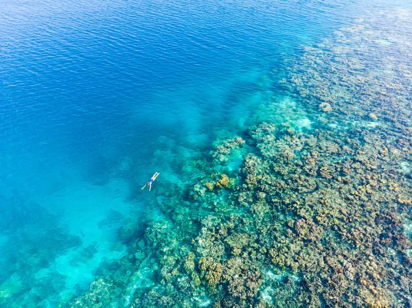 Gente aérea de arriba abajo haciendo snorkel en el arrecife de coral mar tropical caribeño, agua azul turquesa. Indonesia Islas Banyak Sumatra, destino turístico de buceo. — Foto de Stock