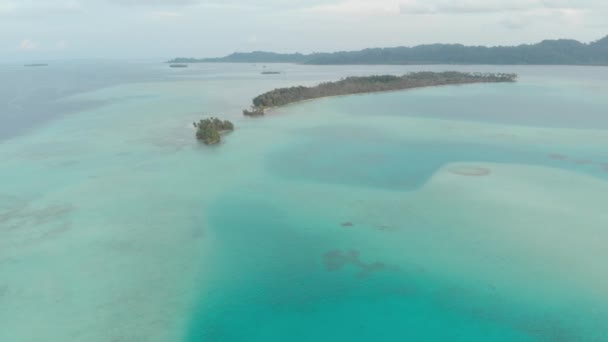 航空写真 サンゴ礁熱帯のカリブ海のターコイズの青い水の上を飛んでください インドネシア スマトラ島沖シムルエ島 最高の旅行先 ダイビング シュノーケ リング ベスト ネイティブ — ストック動画