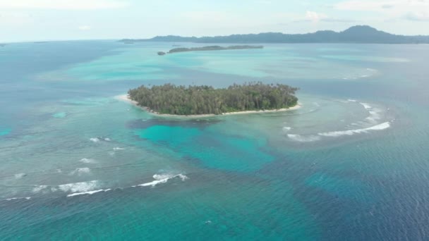 Luchtfoto Vliegen Koraalrif Tropische Caribische Zee Turquoise Blauwe Water Indonesië — Stockvideo