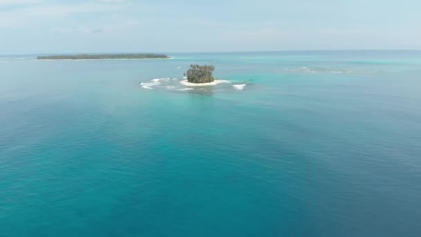 航空写真: サンゴ礁熱帯のカリブ海のターコイズの青い水の上を飛んでください。インドネシア スマトラ島沖シムルエ島。最高の旅行先、ダイビング シュノーケ リング ベスト。ネイティブ cinelike D ログ カラー プロファイル — ストック動画