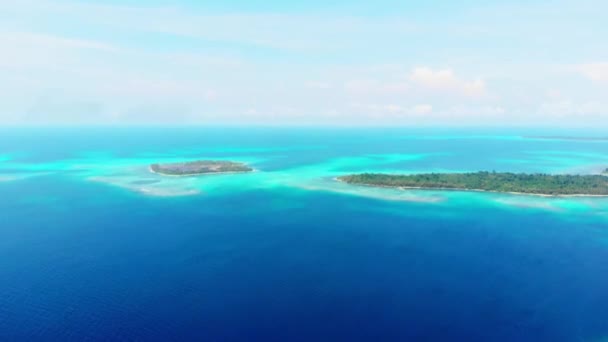 航空写真 サンゴ礁熱帯のカリブ海のターコイズの青い水の上を飛んでください インドネシア スマトラ島沖シムルエ島 最高の旅行先 ダイビング シュノーケ リング ベスト — ストック動画