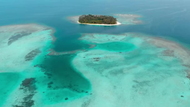 航空写真 サンゴ礁熱帯のカリブ海のターコイズ ブルーの水の上を飛んでください インドネシア スマトラ島沖シムルエ島 トップ旅行観光地 ダイビング シュノーケ リング ベスト — ストック動画