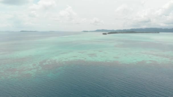 航空写真 サンゴ礁熱帯の島カリブ海のターコイズ ブルーの水の上を飛んでください インドネシア スマトラ島沖シムルエ島 旅行先のダイビング シュノーケ リングします ネイティブ Cinelike — ストック動画