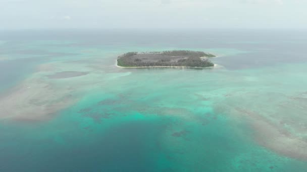 航空写真 サンゴ礁熱帯の島カリブ海のターコイズ ブルーの水の上を飛んでください インドネシア スマトラ島沖シムルエ島 旅行先のダイビング シュノーケ リングします ネイティブ Cinelike — ストック動画