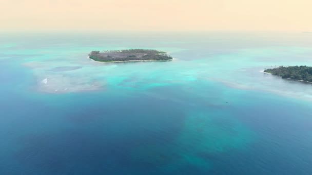 航空写真 サンゴ礁熱帯の島カリブ海のターコイズ ブルーの水の上を飛んでください インドネシア スマトラ島沖シムルエ島 ダイビング シュノーケ リング旅行先 — ストック動画