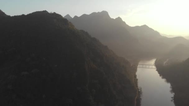 Aerial Flying Nam River Nong Khiaw Muang Ngoi Laos Sunset — Stock Video