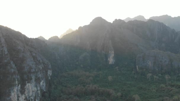 Aerial Vang Vieng Backpacker Travel Destination Laos Asia Sunset Scenic — Stock Video