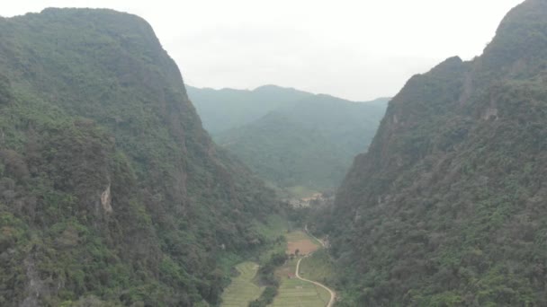Aéreo Sobrevoando Falésias Cênicas Pináculos Rocha Selva Tropical Arrozais Vale — Vídeo de Stock