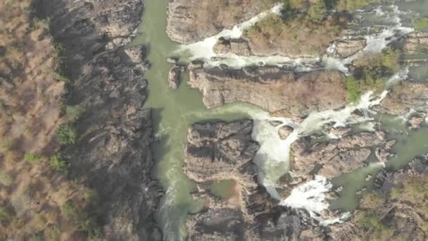 Aerial Flying Top View Phi Waterfall 3999 Islands Mekong River — Stock Video