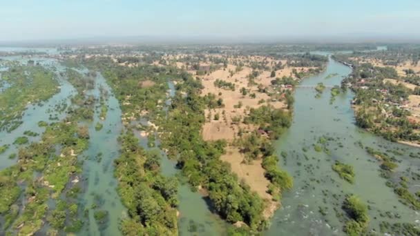 Aerial Vliegen Don Det 4004 Eilanden Mekong Rivier Laos Phi — Stockvideo