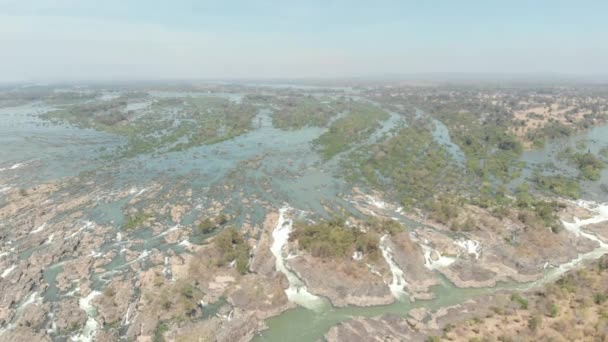 Aerial Flying Phi Waterfall 4001 Islands Mekong River Laos Famous — Stock Video