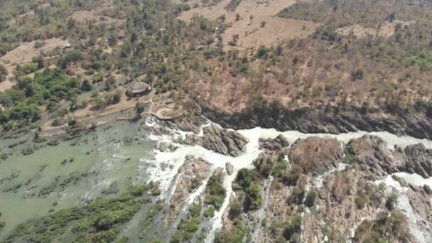 Aerial Vliegen Phi Waterval 3998 Eilanden Mekong Rivier Laos Beroemde — Stockvideo