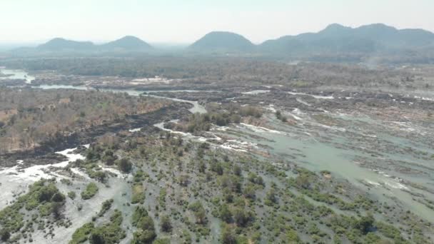 Aerial Pływające Nad Wodospad Phi 3997 Wysp Mekong Rzeki Laosie — Wideo stockowe