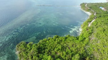 Havadan: tropikal ada uçan, Wakatobi Ulusal Park Endonezya Maldivler Polonezyası turkuaz su mercan resifin beyaz kum plaj seyahat hedef. Yerel cinelike D-log renk profili