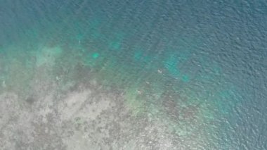 Havadan: mercan resifi turkuaz su tropikal ada üzerinde uçan, Wakatobi Ulusal Parkı Endonezya Maldivler Polinezyası manzaralı seyahat hedef. Yerel cinelike D-log renk profili
