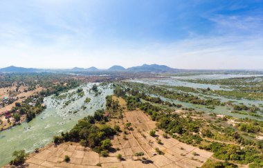 Mekong Nehri Laos, Li Phi şelaleler, ünlü seyahat hedef backpacker Güney Doğu Asya'da Hava panoramik 4000 Adaları