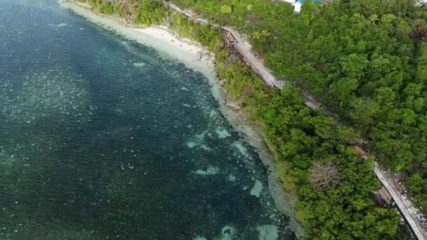 Aerial: Flying over tropical beach turquoise water coral reef, Tomia island Wakatobi National Park Indonesia Maldives Polynesia white sand beach. Натуральный коричневый профиль цвета D-log — стоковое видео