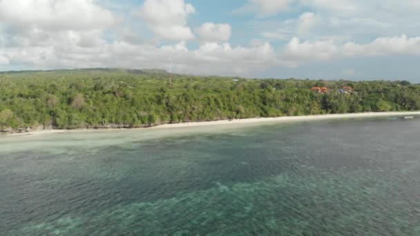 공중 : 열대 해변 청록색 물 산호초, 토미아 섬 와카토비 국립 공원 인도네시아 몰디브 폴리네시아 화이트 모래 해변을 통해 비행. 네이티브 시네라이크 D-로그 색상 프로파일 — 비디오