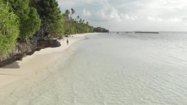 Hava: Tropikal plaj turkuaz su mercan resifi üzerinde uçan, Tomia adası Wakatobi Milli Parkı Endonezya Maldivler Polinezyası beyaz kum plaj. Yerli cinelike D-log renk profili