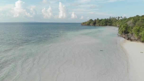 Aérea: Volando sobre la playa tropical arrecife de coral de agua turquesa, isla de Tomia Parque Nacional Wakatobi Indonesia Maldivas Polinesia playa de arena blanca. Perfil de color D-log cinelike nativo — Vídeo de stock