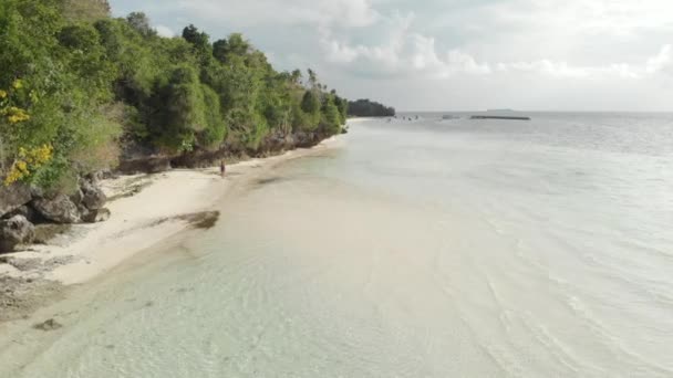 Aérea: woman walking on tropical island turquoise water white sand beach, Tomia Island, Wakatobi marine national park, Indonesia, Perfil del color D-log cinelike nativo — Vídeo de stock