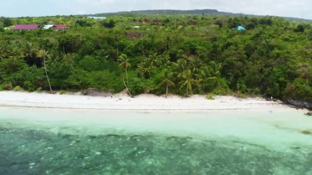 Aérea: Volando sobre la playa tropical arrecife de coral de agua turquesa, isla de Tomia Parque Nacional Wakatobi Indonesia Maldivas Polinesia playa de arena blanca — Vídeos de Stock