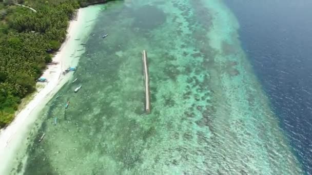 Aérea: Volando sobre la playa tropical arrecife de coral de agua turquesa, isla de Tomia Parque Nacional Wakatobi Indonesia Maldivas Polinesia playa de arena blanca — Vídeo de stock