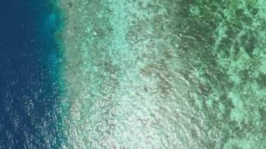 Hava: Tropikal plaj turkuaz su mercan resifi üzerinde uçan , Tomia adası Wakatobi Milli Parkı Endonezya Maldivler Polinezyası beyaz kum plaj