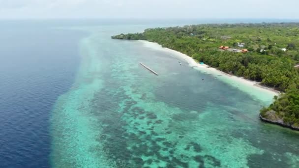 Aérea: Volando sobre la playa tropical arrecife de coral de agua turquesa, isla de Tomia Parque Nacional Wakatobi Indonesia Maldivas Polinesia playa de arena blanca — Vídeos de Stock