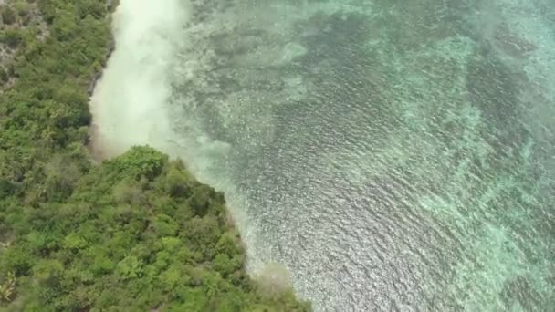 Aerial: Flying over tropical beach turquoise water coral reef , Tomia island Wakatobi National Park Indonesia Maldives Polynesia white sand beach. Native cinelike D-log color profile — Stock Video