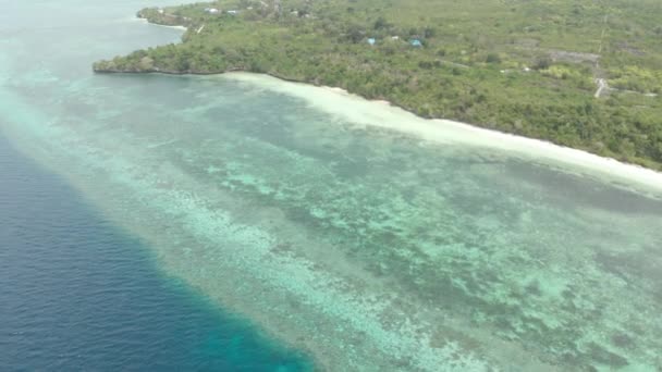 Aérea: Volando sobre la playa tropical arrecife de coral de agua turquesa, isla de Tomia Parque Nacional Wakatobi Indonesia Maldivas Polinesia playa de arena blanca. Perfil de color D-log cinelike nativo — Vídeos de Stock