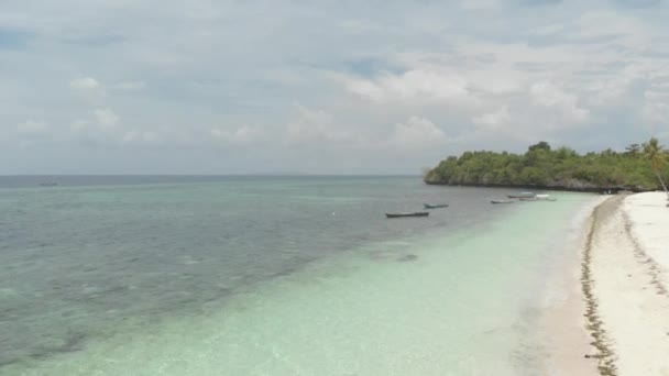 Aerial: Flying over tropical beach turquoise water coral reef, Tomia island Wakatobi National Park Indonesia Maldives Polynesia white sand beach. Натуральный коричневый профиль цвета D-log — стоковое видео
