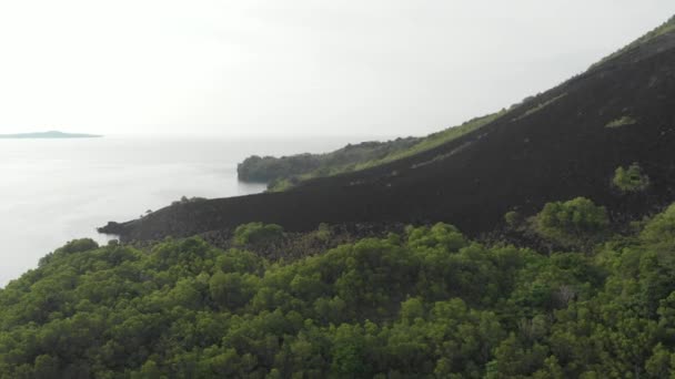 Aérea: volando sobre las Islas Banda volcán activo Gunung Api flujos de lava Maluku Indonesia exuberante bosque verde turquesa agua arrecife de coral pintoresco destino de viaje. Perfil de color D-log cinelike nativo — Vídeos de Stock