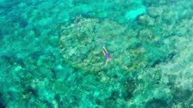Havadan yavaş hareket: mercan resifi tropikal karayip denizi turkuaz su Endonezya Banda Adaları Pulau Hatta Maluku, turistik dalış seyahat hedef üzerinde şnorkel kadın