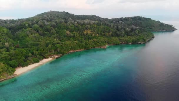 Aérien Survolant Île Tropicale Hatta Plage Sable Blanc Îles Banda — Video