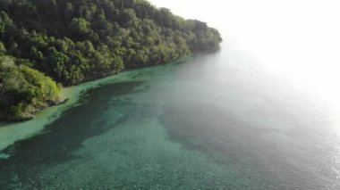 Hava: tropikal Hatta adası beyaz kum plaj Banda Adaları Maluku Endonezya yemyeşil orman turkuaz su mercan resif ilerler günbatımı gökyüzü üzerinde uçan. Yerli cinelike D-log renk profili