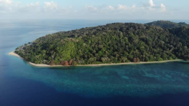 Aérea: volando sobre la isla tropical Hatta playa de arena blanca Islas Banda Maluku Indonesia exuberante bosque verde turquesa agua arrecife de coral destino turístico escénico. Perfil de color D-log cinelike nativo — Vídeos de Stock