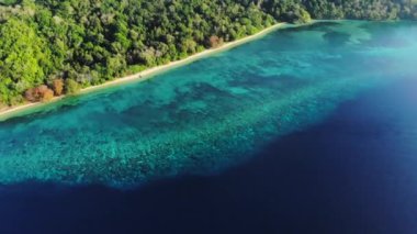 Hava: tropikal Hatta adası beyaz kum plaj Banda Adaları Maluku Endonezya yemyeşil orman turkuaz su mercan resif ihlanın gökyüzü üzerinde uçan
