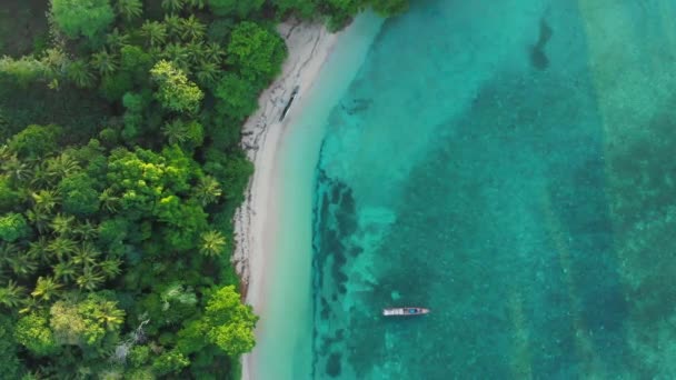 飞越热带艾岛白沙滩班达群岛马鲁库 印度尼西亚郁郁葱葱的绿色森林绿松石水珊瑚礁日落天空 — 图库视频影像