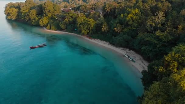 Aerial Sorvolando Tropicale Isola Spiaggia Sabbia Bianca Banda Isole Maluku — Video Stock