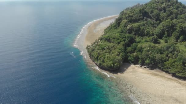 飞越热带艾岛白沙滩班达群岛马鲁库印度尼西亚郁郁葱葱的绿色森林绿松石水珊瑚礁日落天空 原生电影式 Log 颜色配置文件 — 图库视频影像