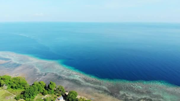 航空写真 熱帯アイ島サンゴ礁砂浜バンダ諸島マルクインドネシア緑豊かな緑の森ターコイズウォーターナツメグプランテーションの上を飛ぶ旅行先 — ストック動画