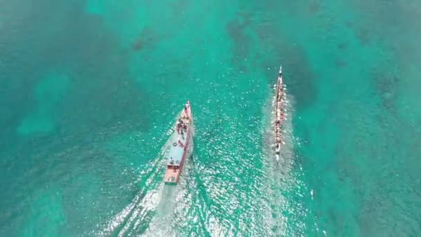 Εναέρια: κορυφή προς τα κάτω Κόρα-Κόρα παραδοσιακό κανό ετήσιο αγώνα στην Bandaneira στην πανέμορφη θάλασσα των νησιών μπάντα, Μαλούκου, Ινδονησία. Εγγενή προφίλ χρώματος D-log — Αρχείο Βίντεο